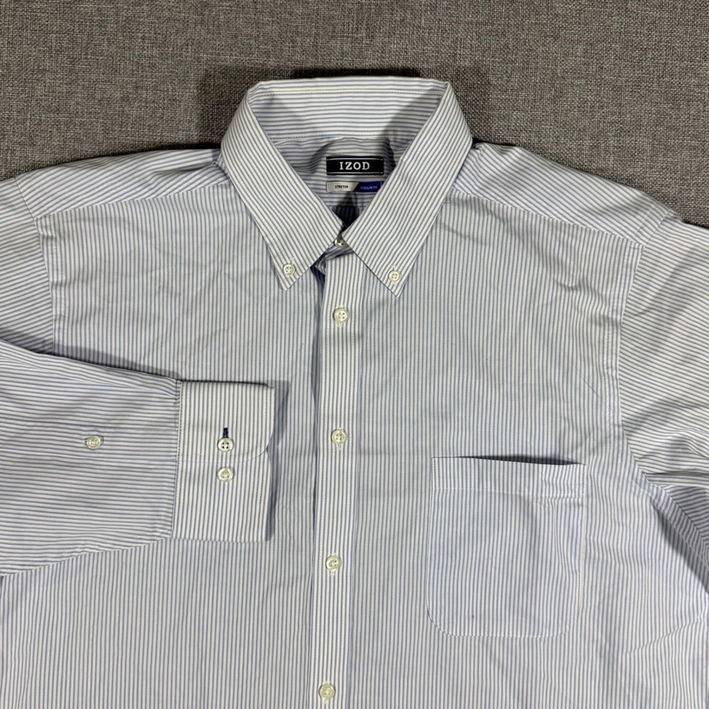 NWT IZOD Dress Shirt Mens L Blue White Pinstripe Stretch Regular Fit Business